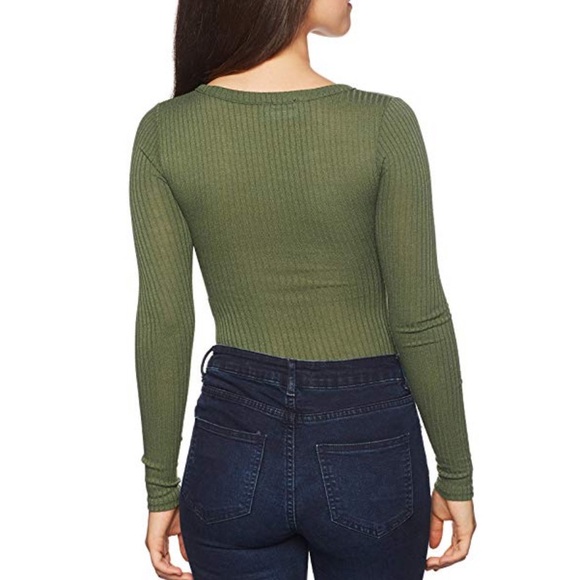 Army Green Lace Up Plunging V Neck Front Bodysuit - Picture 3 of 3